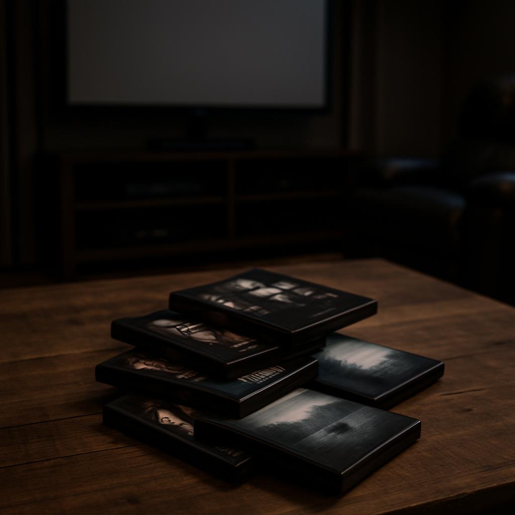 A stack of five DVD cases are placed on a large solid wooden table. Each DVD case features a black cover and an indistinct...