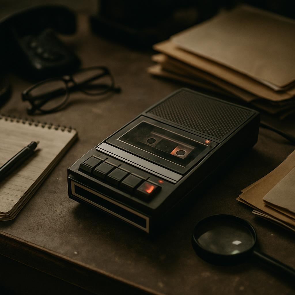 A vintage black digital voice recorder sits on a cluttered brown desk next to a magnifying glass, notebook, and pen.