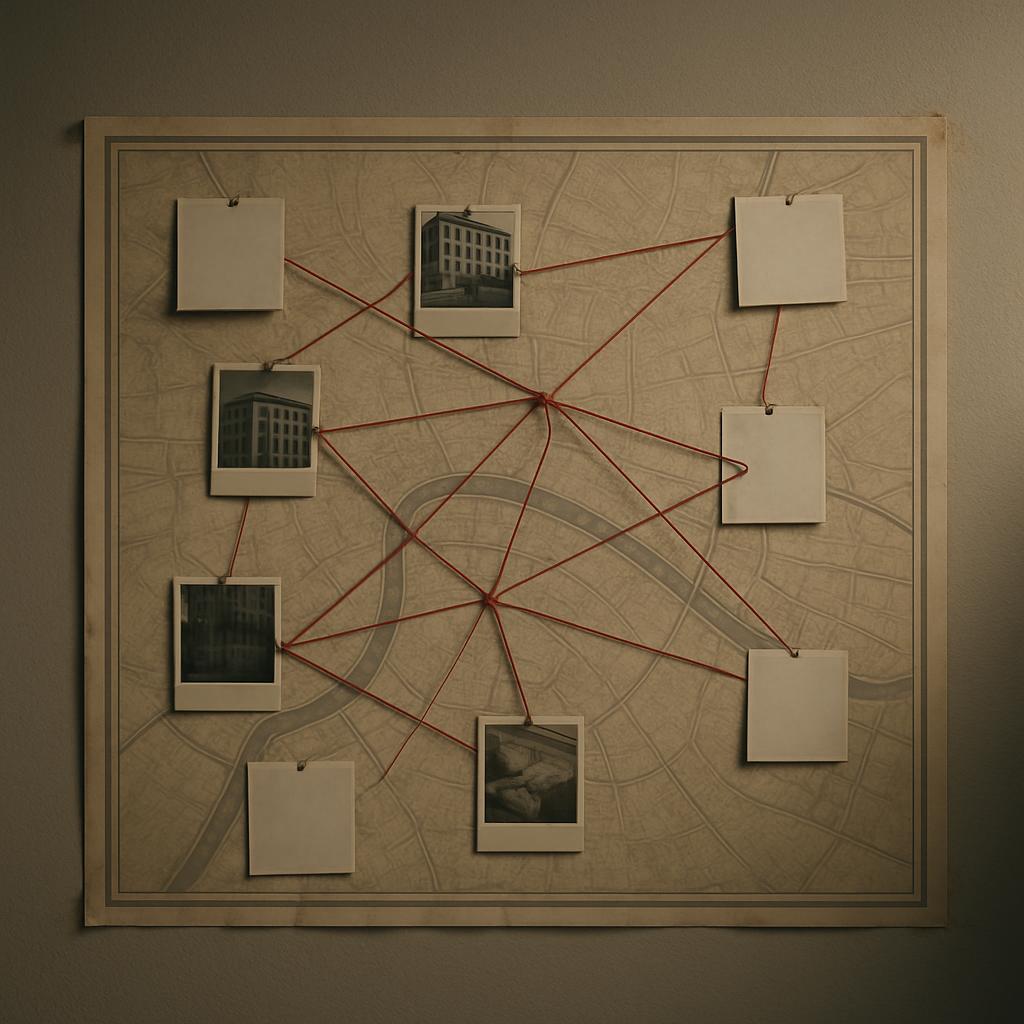 A map or other document hanging on the wall, connected by red yarn to Polaroid-style photos of buildings, maps, and other ...